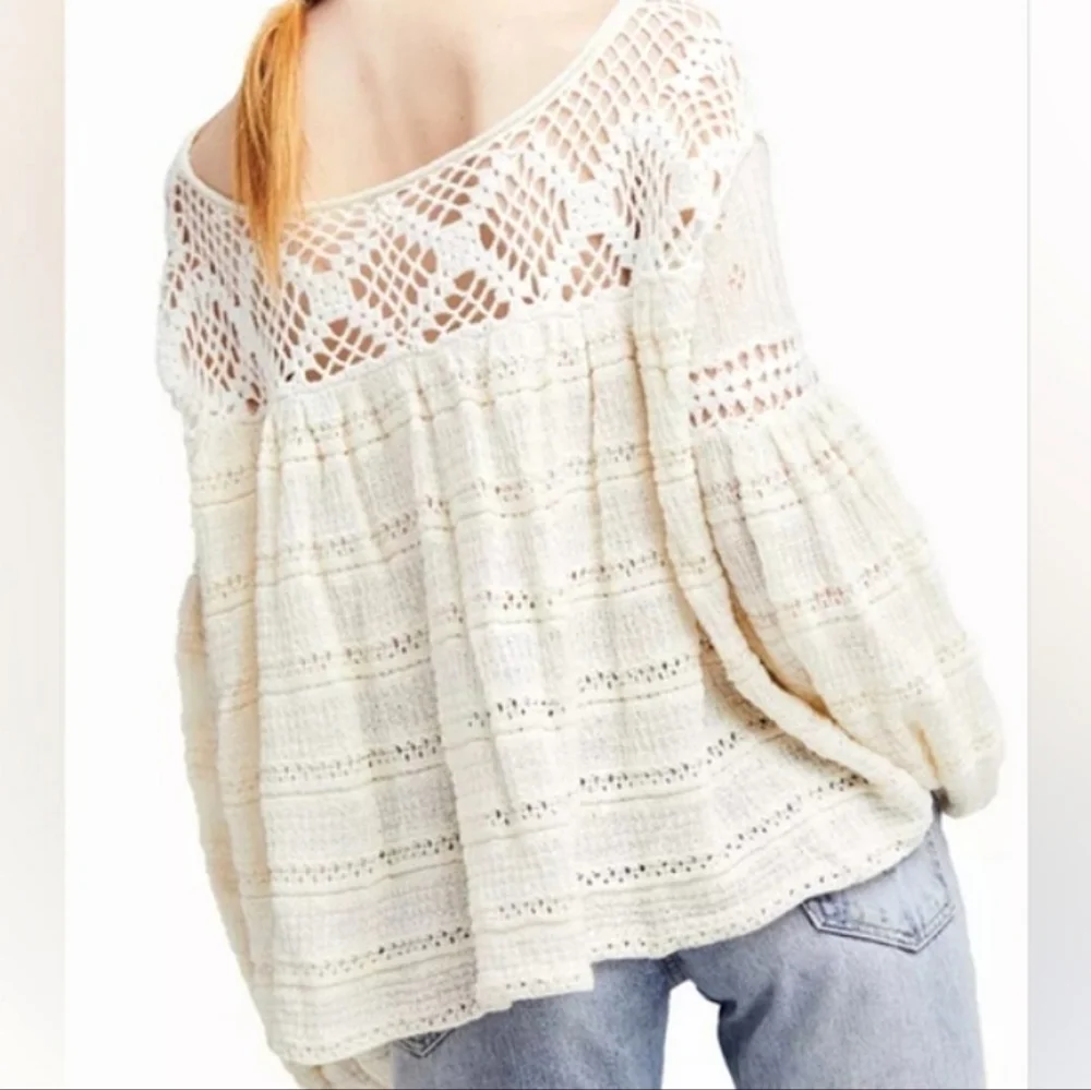 Free People Someday Crochet Sweater Ivory Oversized Linen Blend XS